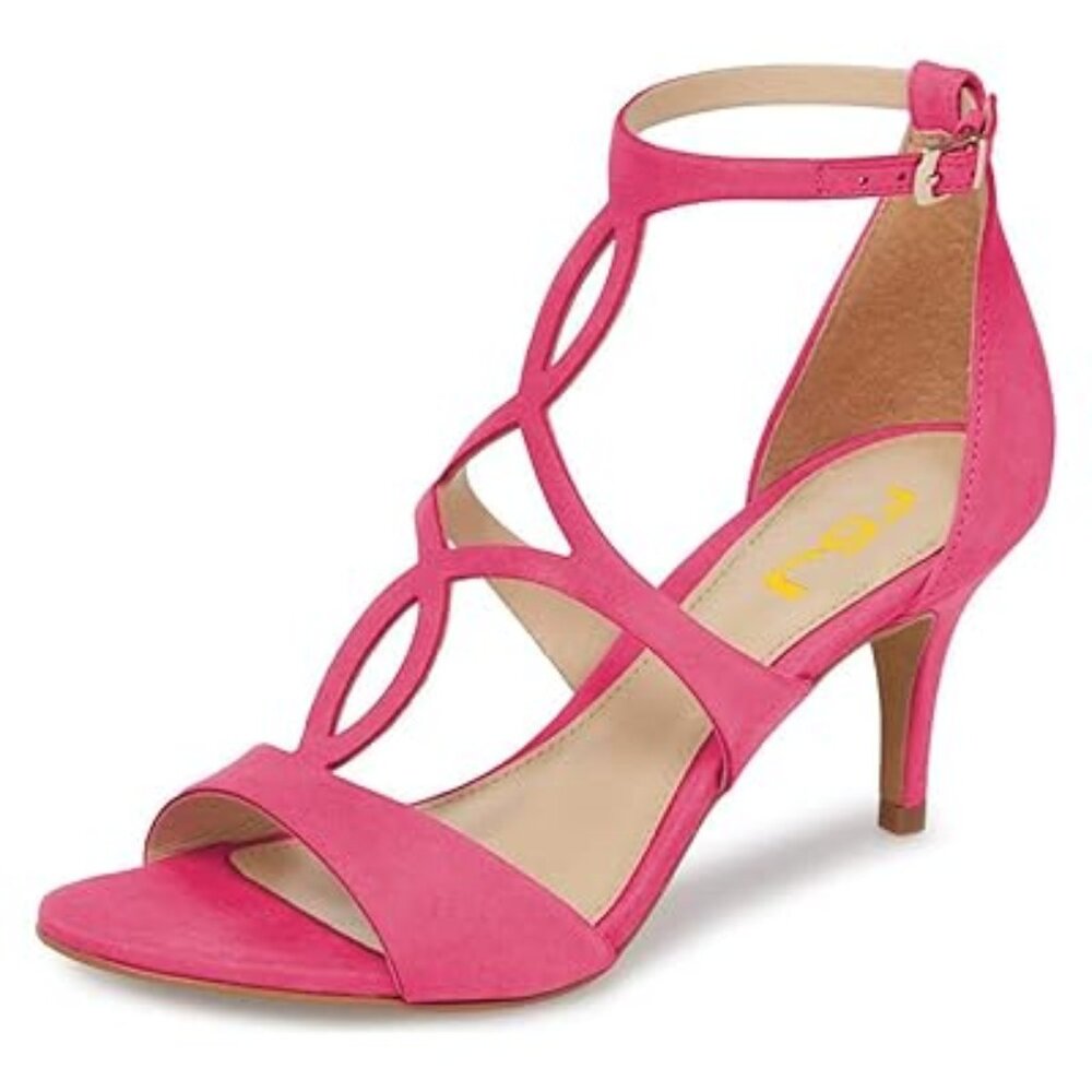 FSJ Pink Strappy T‑Bar Mid Heel Sandals